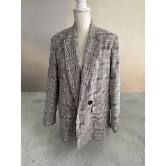 ZARA Women’s Gray Blue Plaid Oversized Blazer Jacket Size Medium - Picture 1 of 7